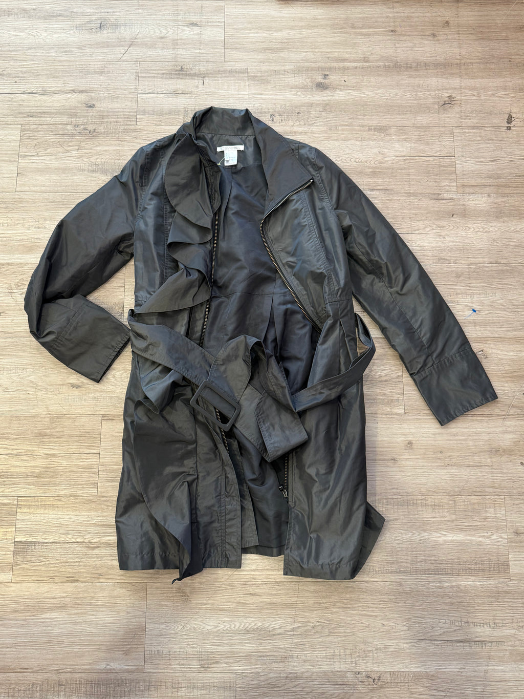 Gray Ruffle Long Rain Trench Coat with Belt