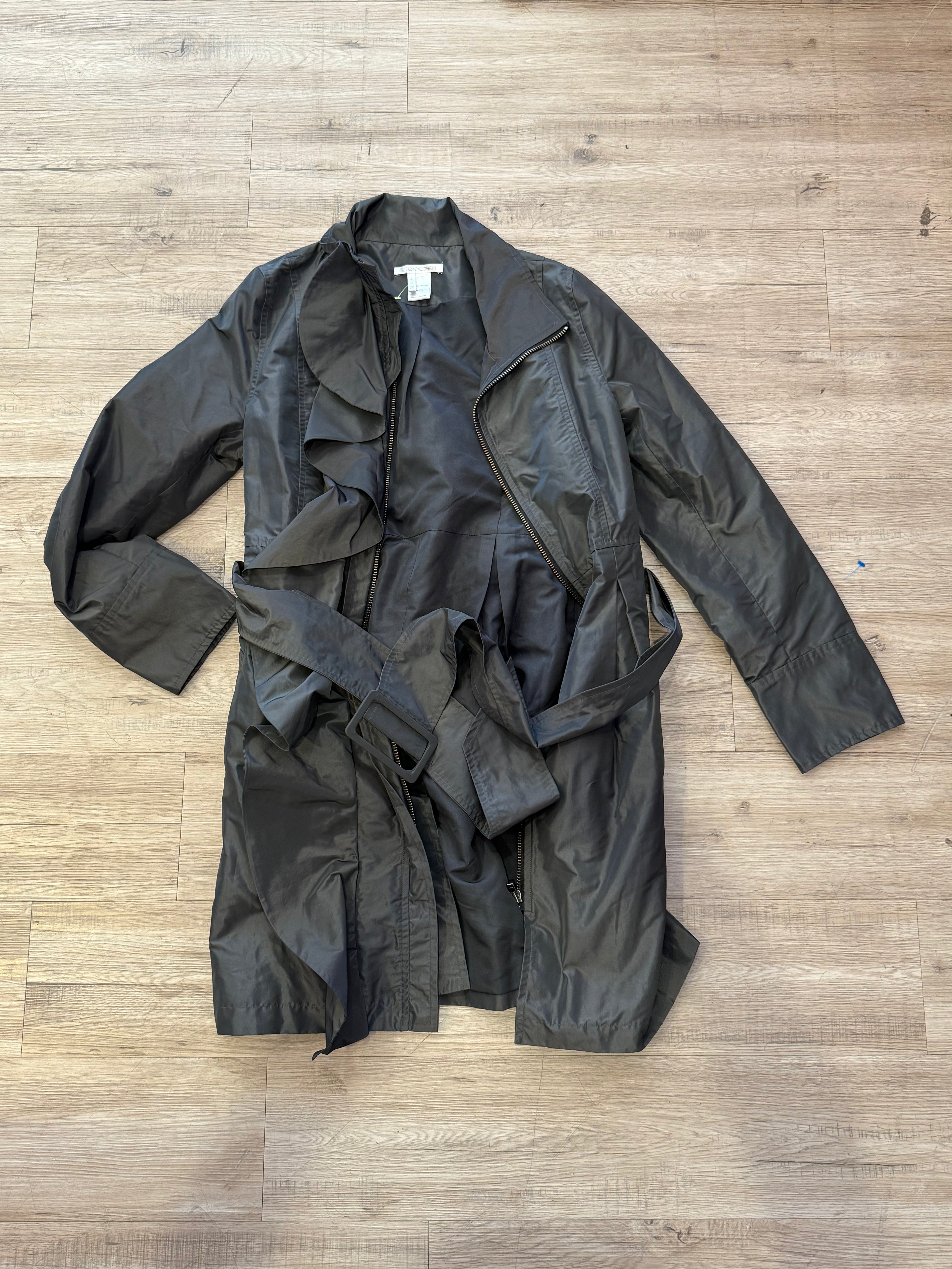 Gray Ruffle Long Rain Trench Coat with Belt