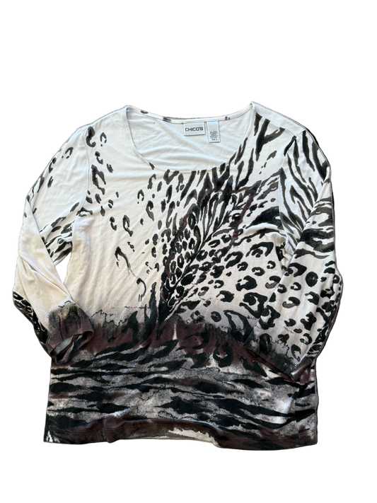 Chico’s White and Black Leopard Print Henley
