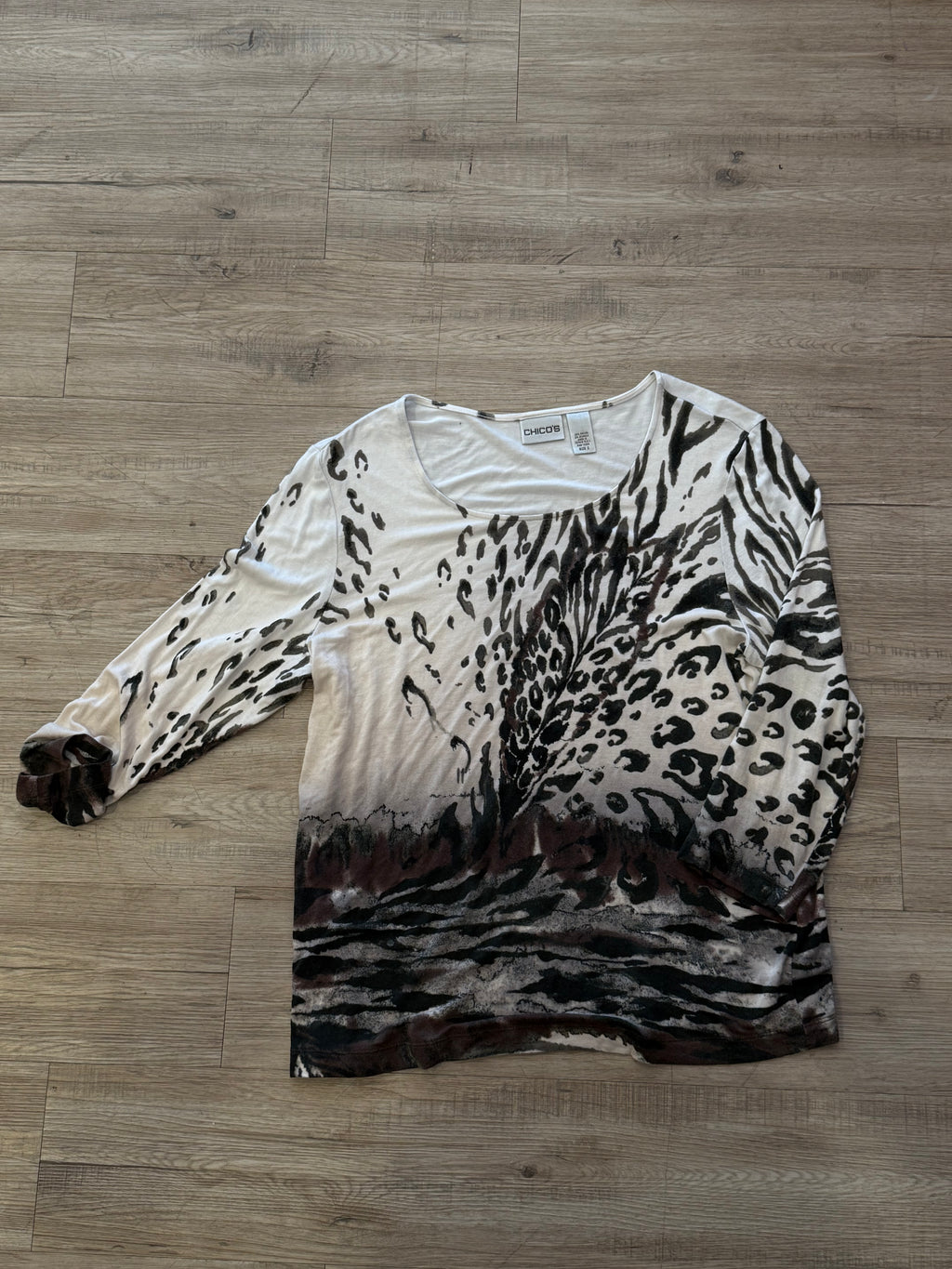 Chico’s White and Black Leopard Print Henley