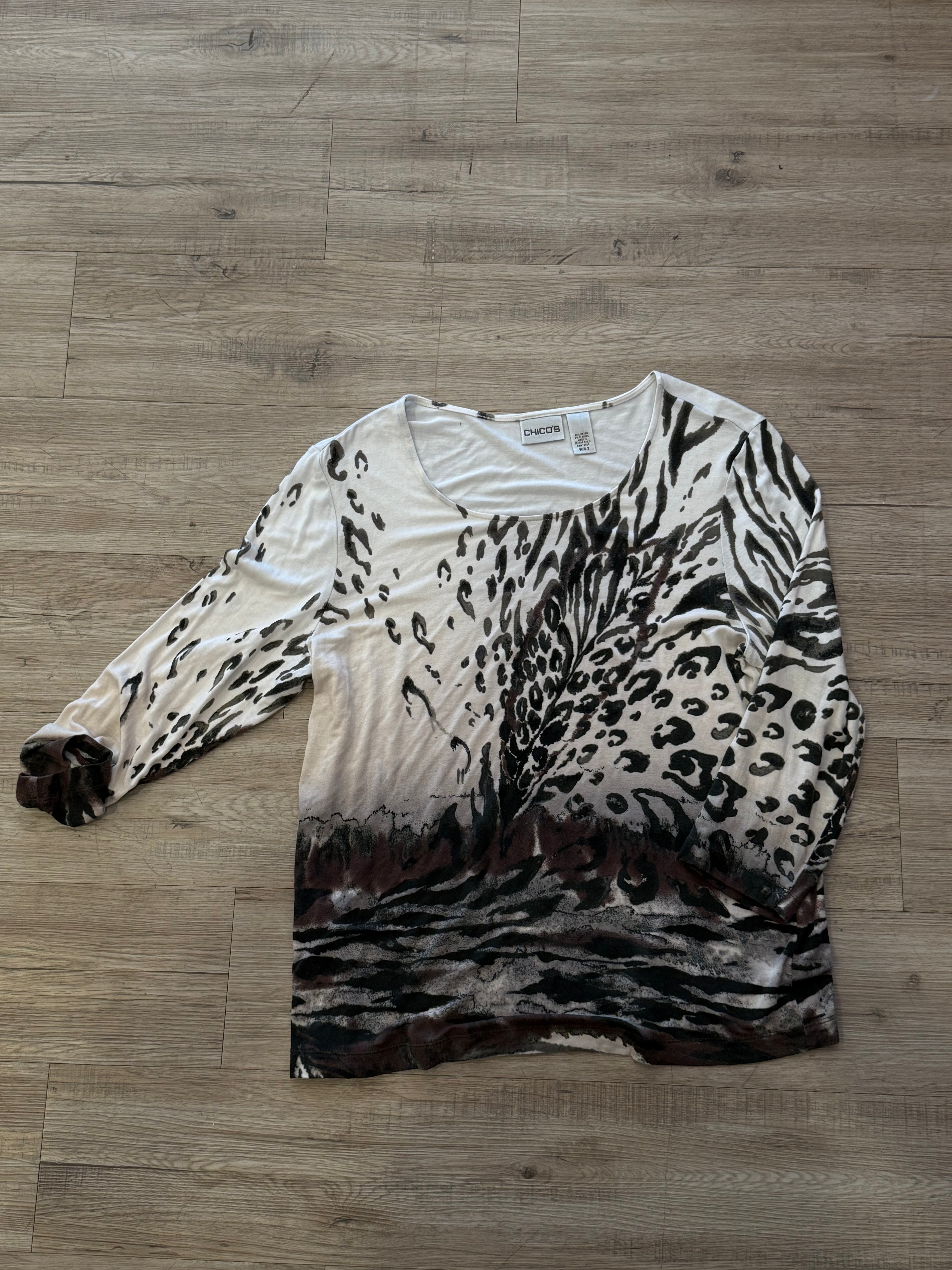 Chico’s White and Black Leopard Print Henley