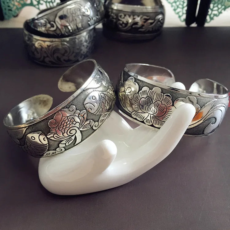 Antique Silver Carved Open Bangle