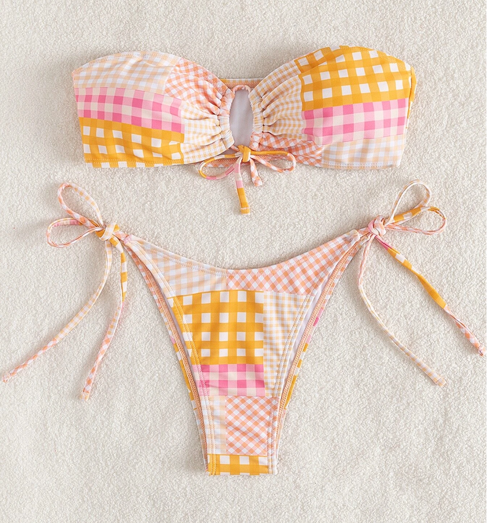 Orange & Pink Gingham Strapless Tie Bikini