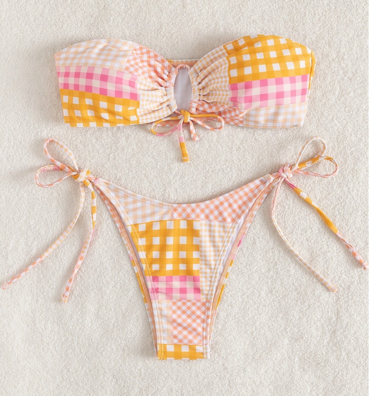 Orange & Pink Gingham Strapless Tie Bikini