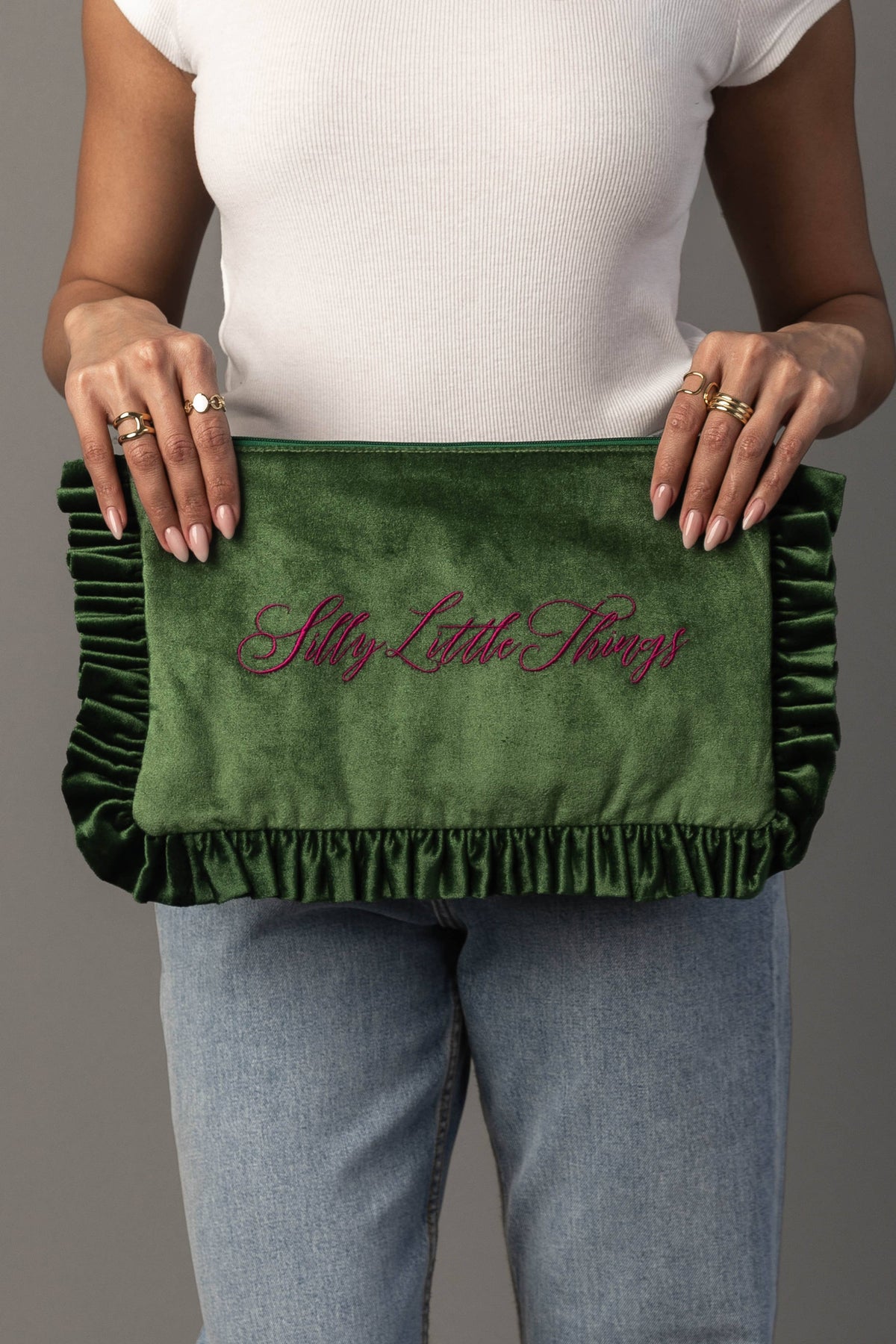 "Silly Little Things" Forest Green Ruffle Travel Pouch