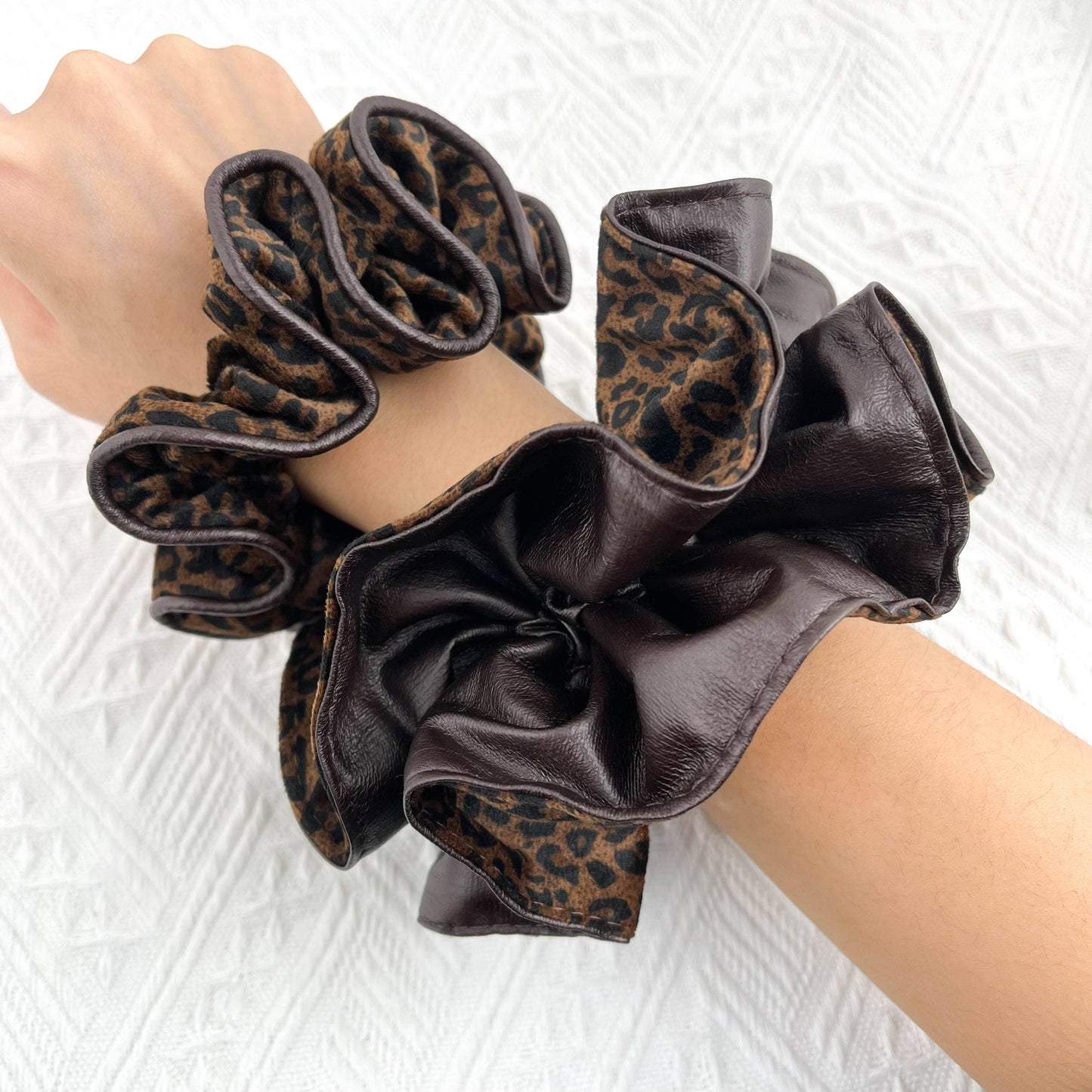 Oversized Leopard Print  Velvet & Leather Scrunchie