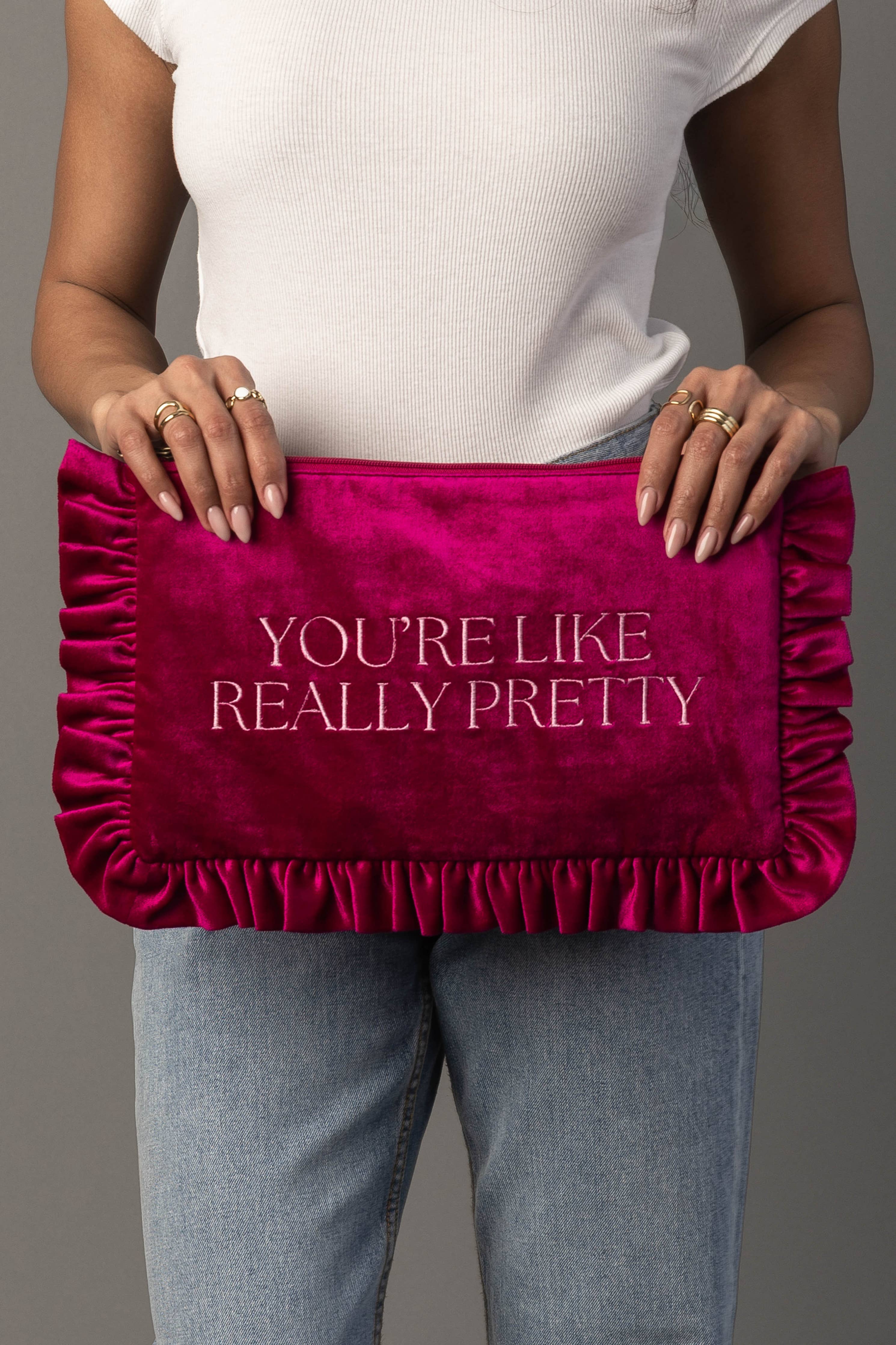 "You're Like Really Pretty" Fuchsia Ruffle Travel Pouch