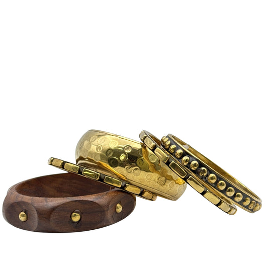 Mixed-Material Gold Metal & Natural Wood Artisan Bangle Set