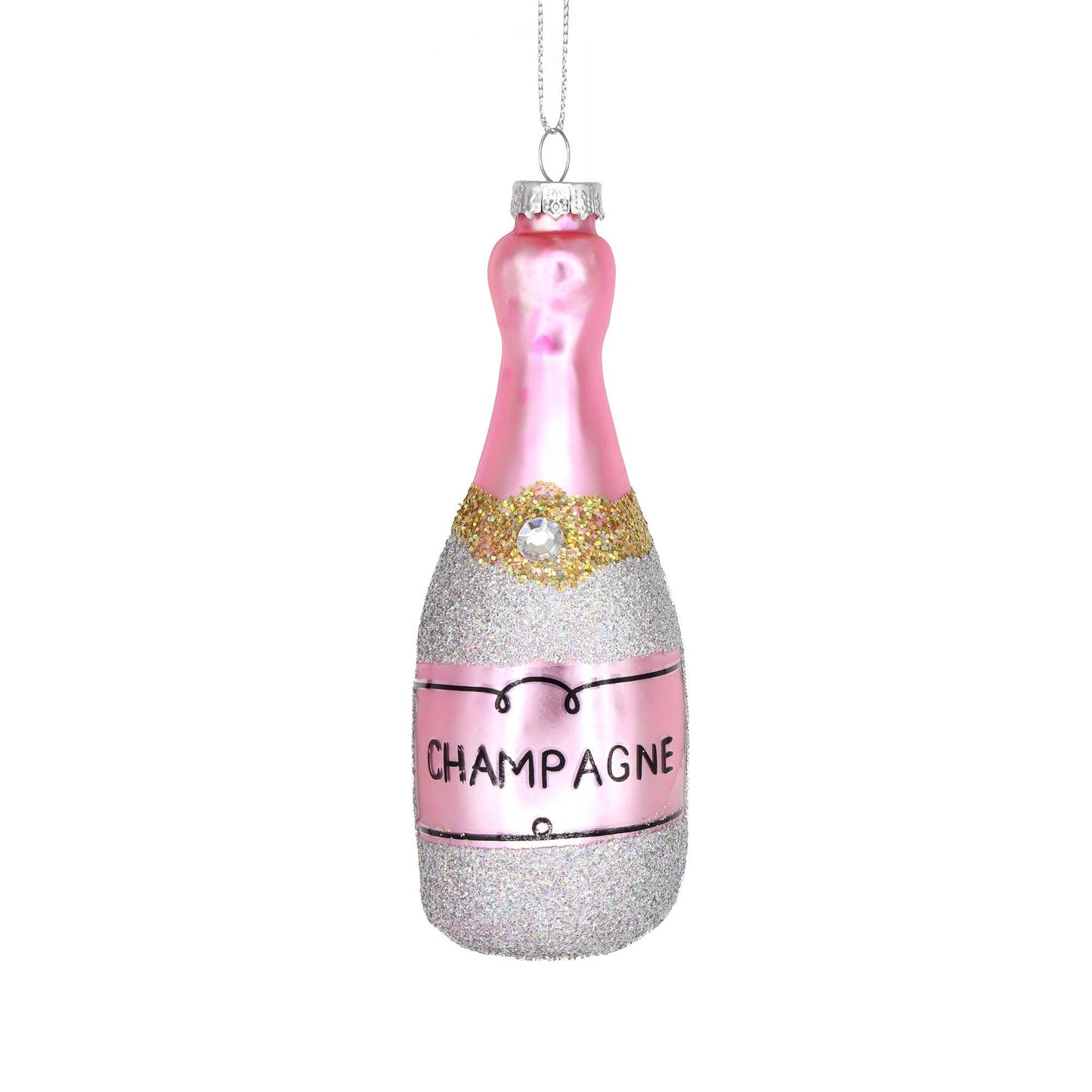 Handmade Pink Glitter Champagne Bottle Christmas Ornament