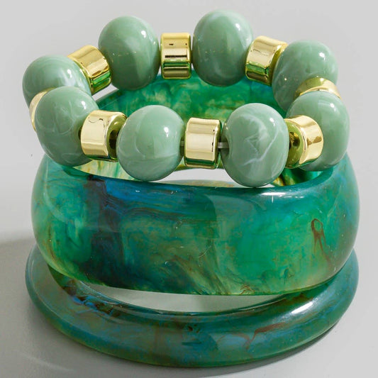 Marble Resin Wide Bangles And Elastic Beads Bracelet