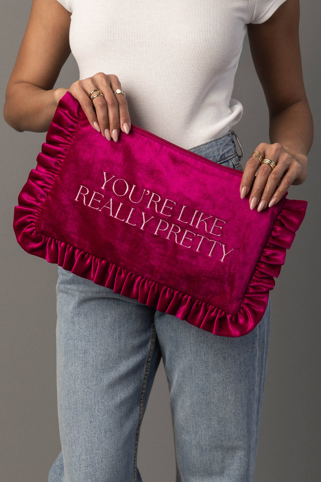 "You're Like Really Pretty" Fuchsia Ruffle Travel Pouch