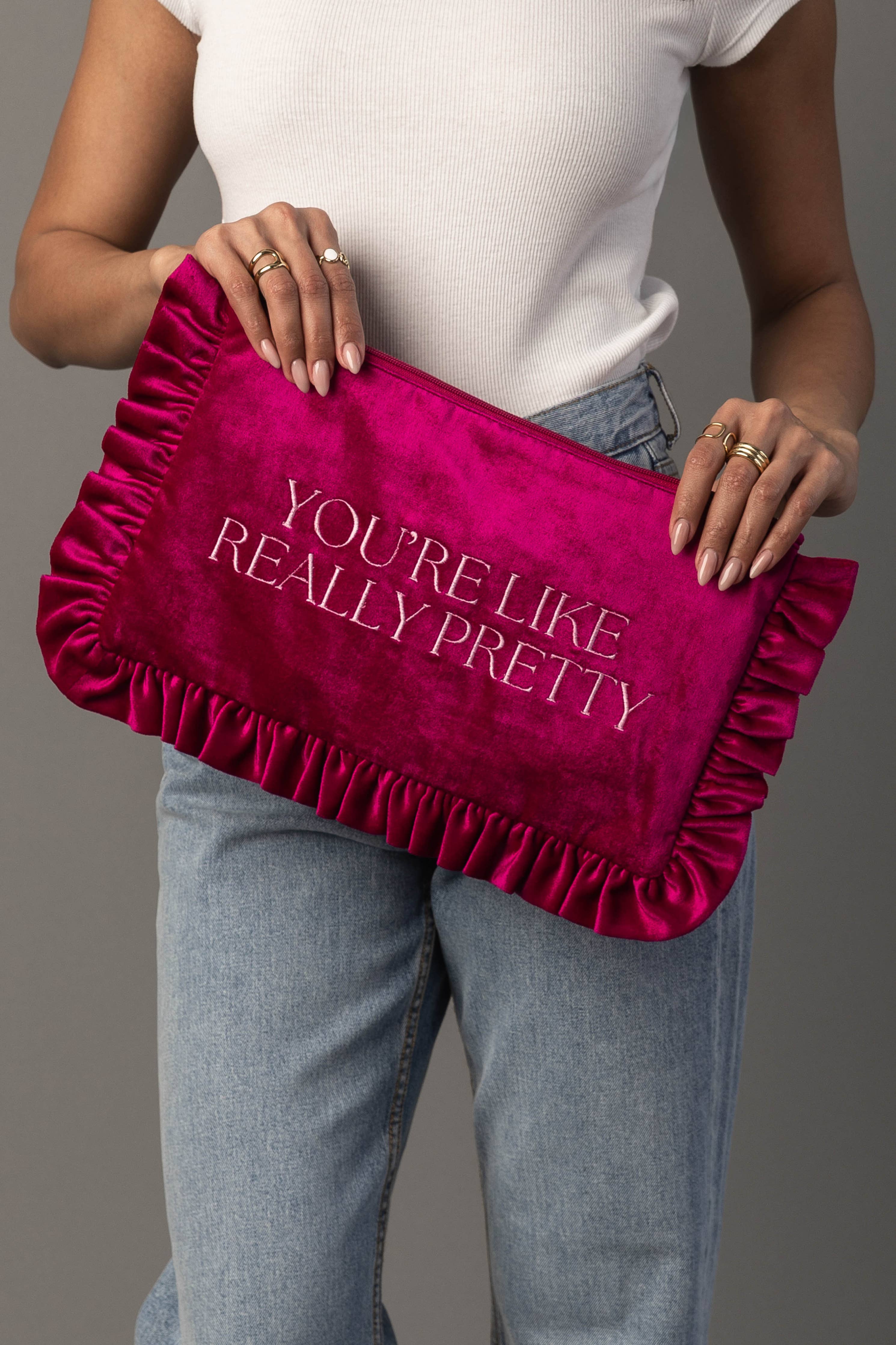 "You're Like Really Pretty" Fuchsia Ruffle Travel Pouch