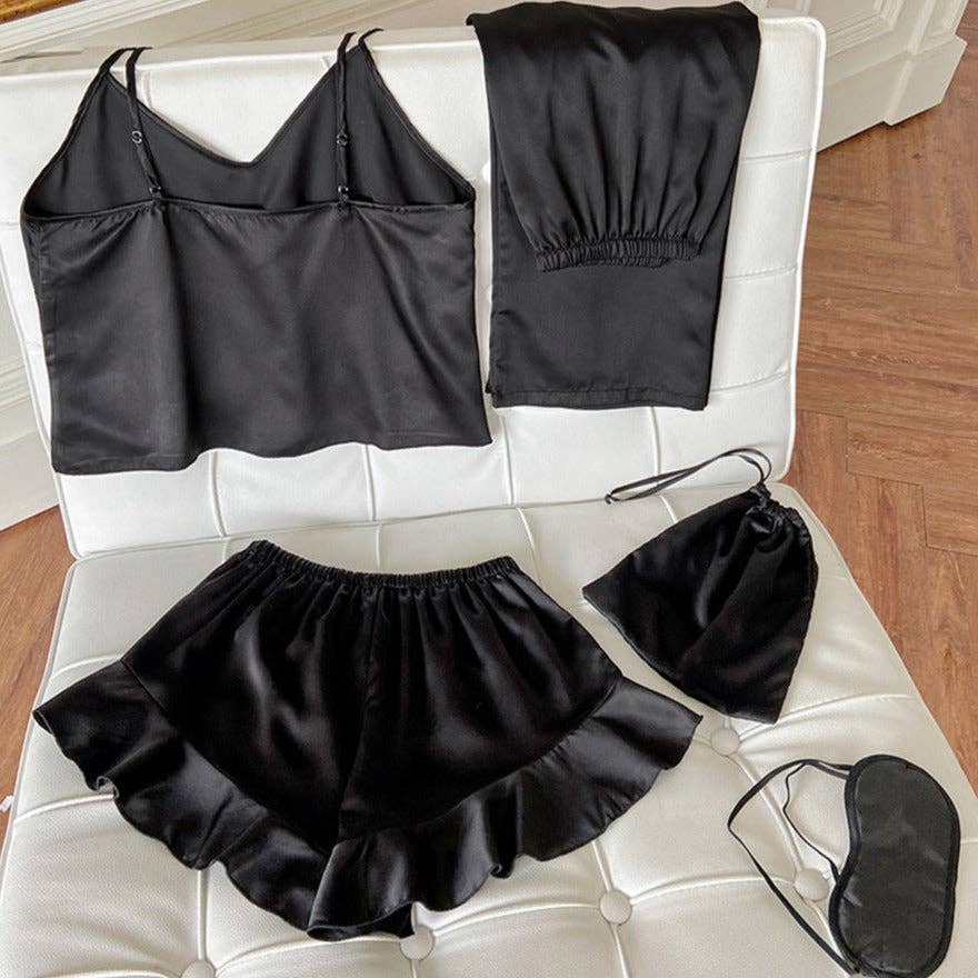 Eve Black Satin Tank, Ruffle Hem Shorts and Lounge Pants (Separates)