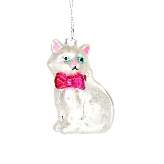 Hand-painted Vintage White Cat with Pink Bow