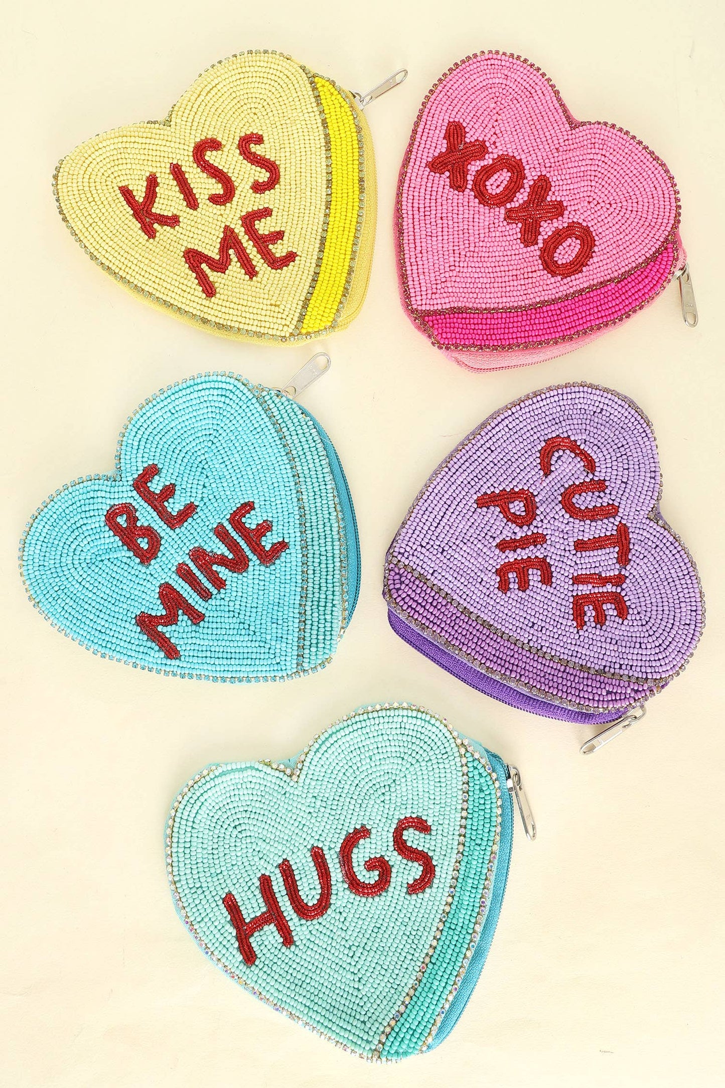 Conversation Hearts Beaded Heart Shaped Coin Bag