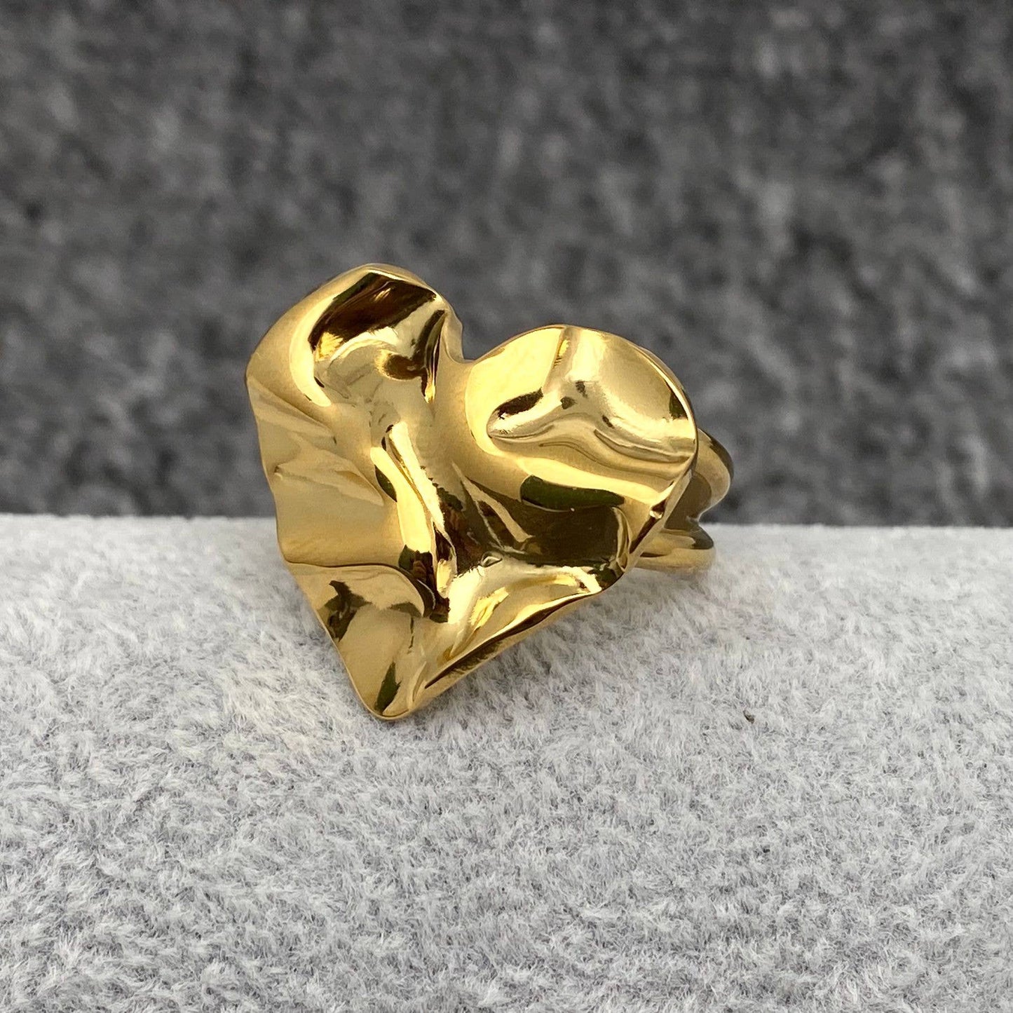 Hammer Texture Heart 18K Gold Plated Steel Ring