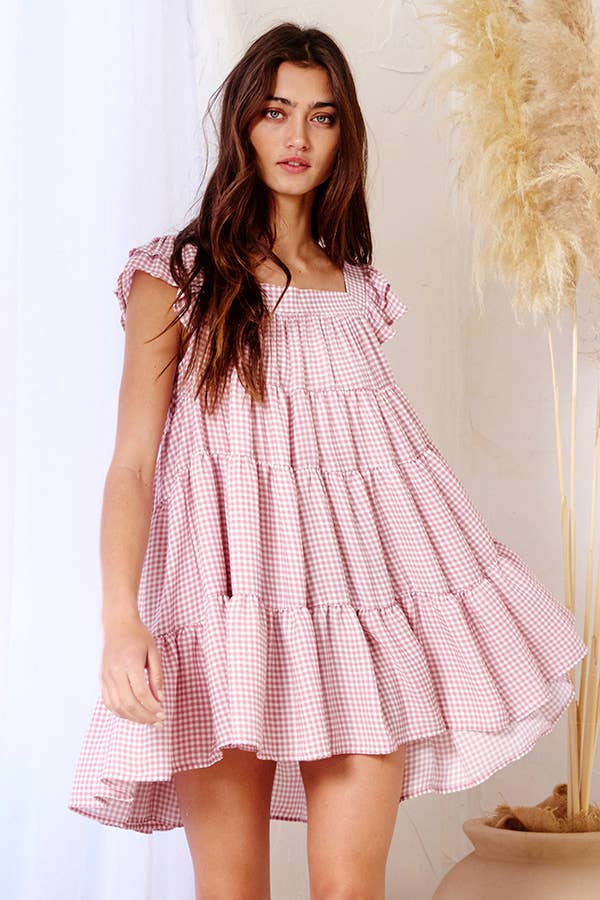 Penelope Gingham Print Tiered Babydoll Mini Dress