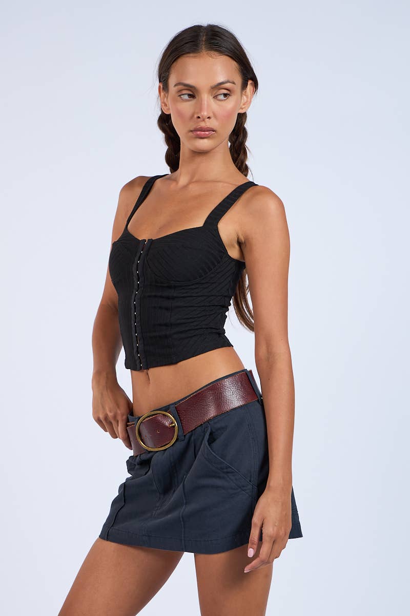 Macey Black Front Hook & Eyes Corset Style Crop Top