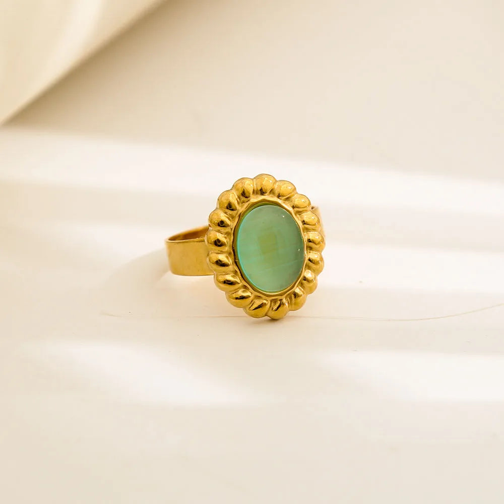 Vintage-Inspired Teal In-Lay 18K Plated Stainless Steel Adjustable Ring
